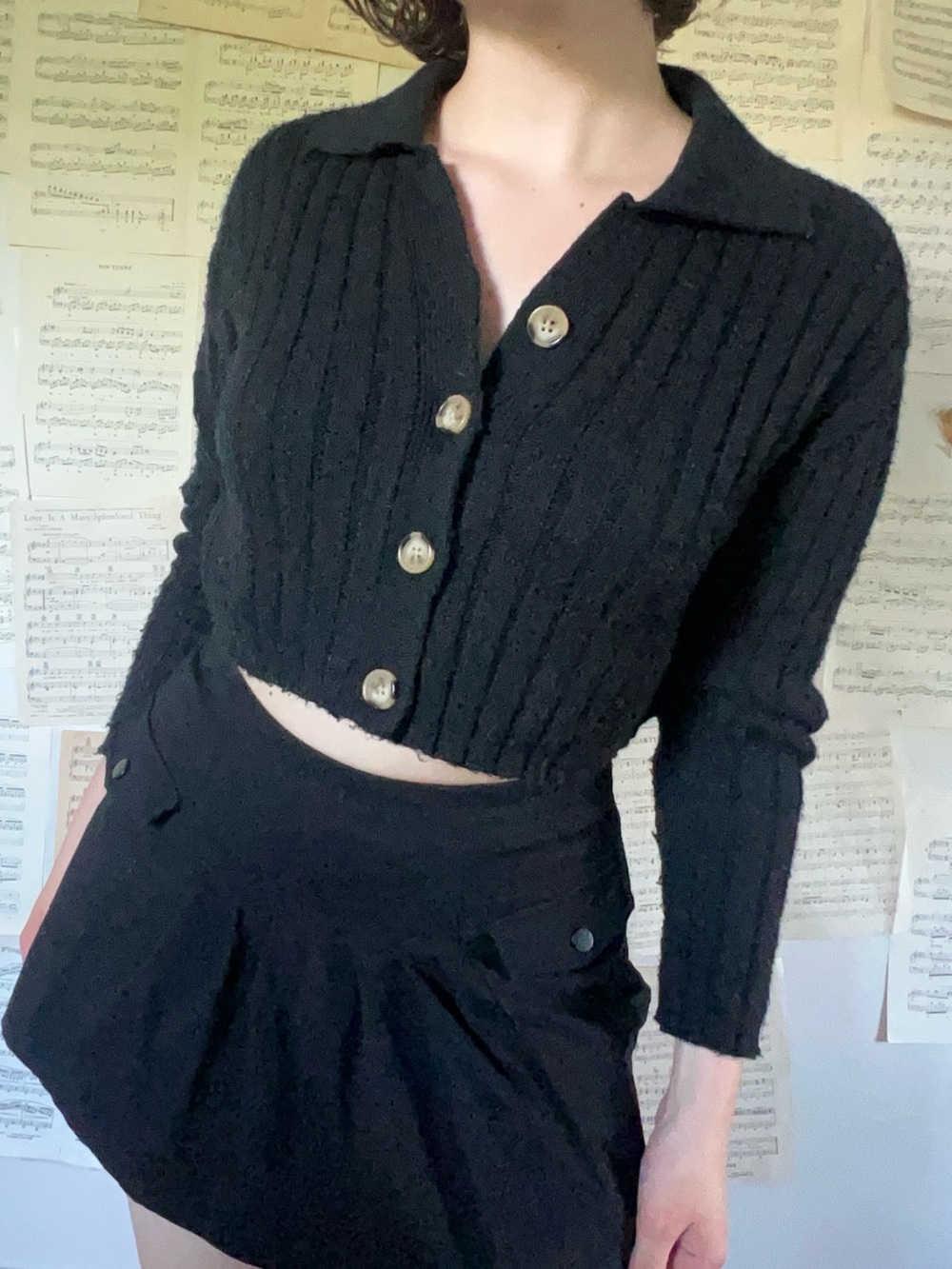 wild fable Black Ribbed Button-Up Cropped Cardigan